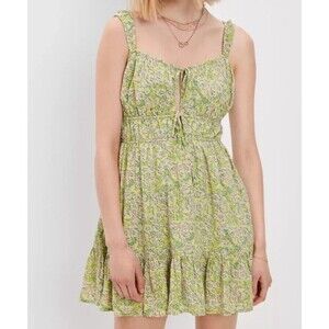 NWT American Eagle Silky Tie-Front Mini Dress Green Floral Sleeveless Large